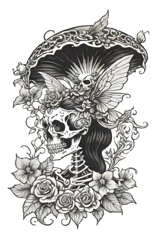 Fairy Skeleton With Flowers Mushrooms And Vines