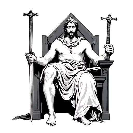 Damocles Sitting On A Throne With The Sword Dangling On A String Above Him Done In Line Work