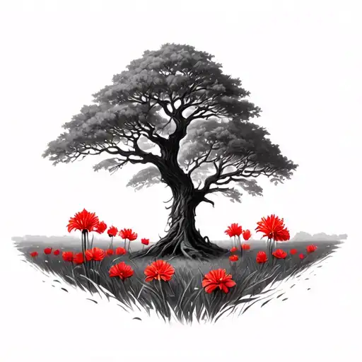 Poisonus Tree On A Field Filled With Red Spider Lily Flowers