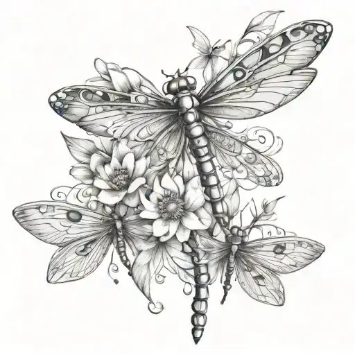 Dragonfly With 4 Small Dragonflies Mother And Children Flowers Ornate Design