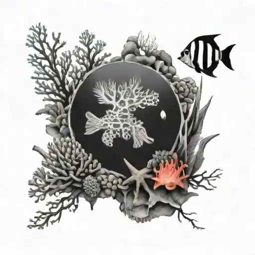 A Black-grey Tattoo Of A Beautiful Coral Reef With Colorful Marine Life