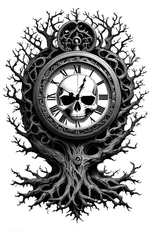 Skull Clock Intertwined Tree