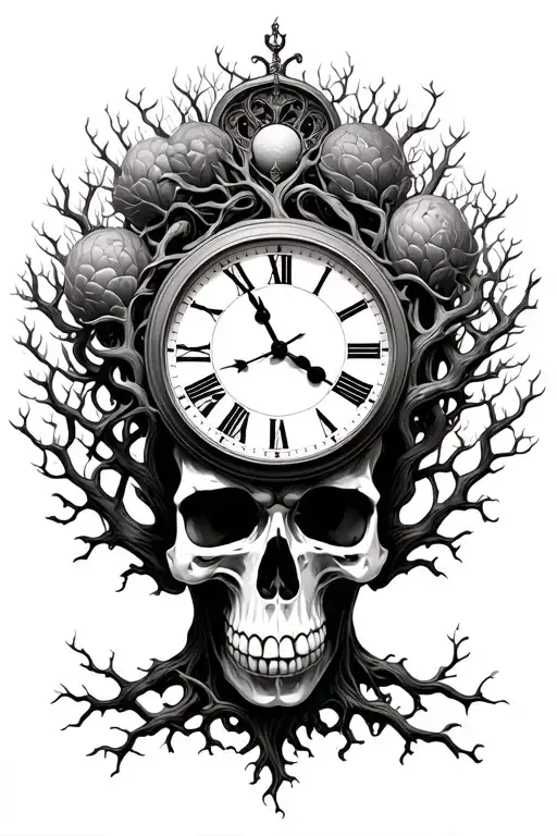 Skull Clock Intertwined Tree