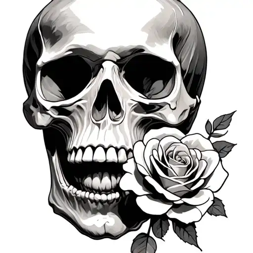 Human Skull With Rose In Mouth