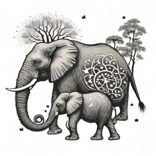 Elephant Combined With Nature Minimalism And Stars