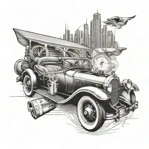 Create A Trading-inspired Tattoo Featuring A Classic Car And Stock Market Graphs