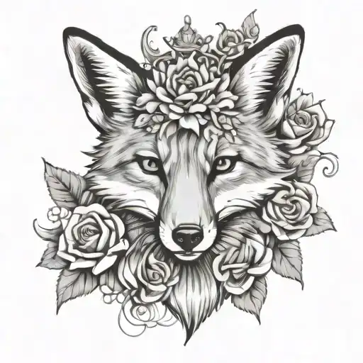 Fox Head With Crown And Flowers With A Bee Surrounded