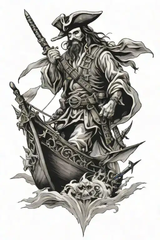 Pirate Ship Sailing And Samurai Warrior