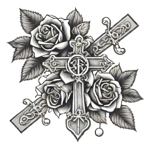 Roses With Cross And Christmas Lights Background