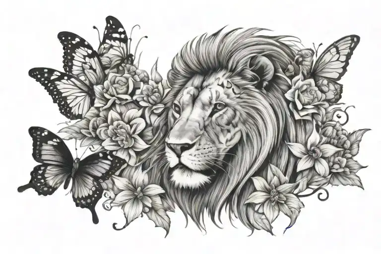 Lion Face Looking Through A Garding Of Flowers With Butterfly Flying Around