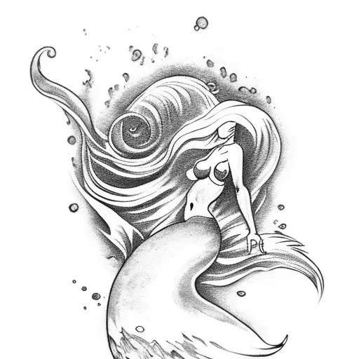 A Black And Grey Tattoo Of A Mermaid Swimming In An Ocean Wave