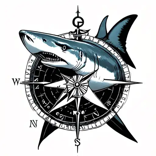 Shark And Nautical Compass Surrounded