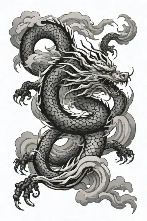 Detailed Japanese Dragon Rising Out Traditional Japanese Waves And Weaving Between Spiral Clouds