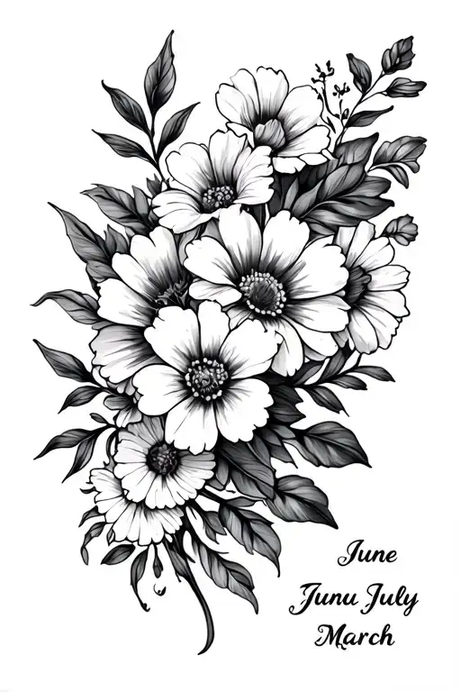 A Spine Tattoo With Birth Flowers Of June July January And March All Together Lined Up