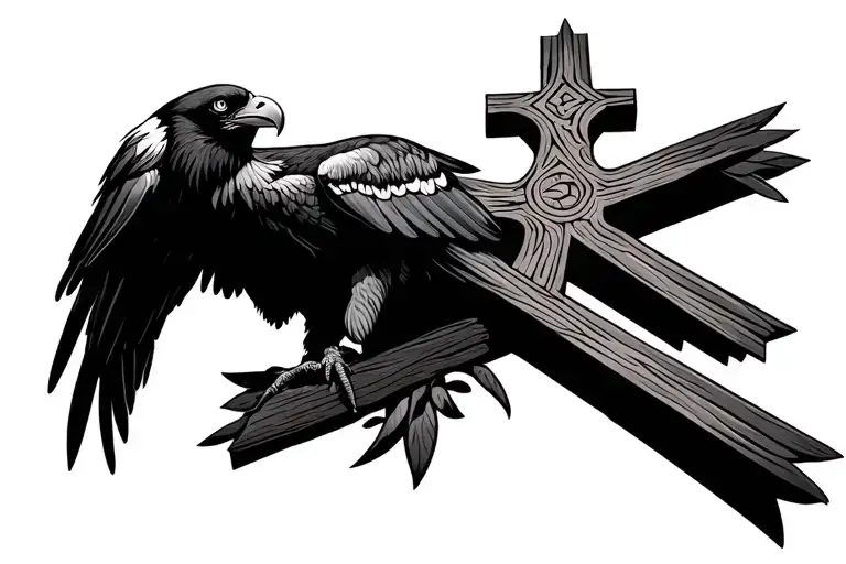 A Condor Perched On Top Of A Tribal Cross In Black And Grey