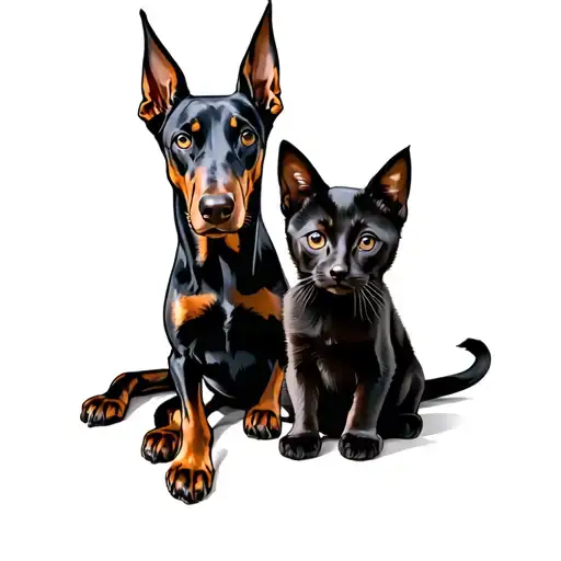 Dog Doberman Next To A Black Kitten