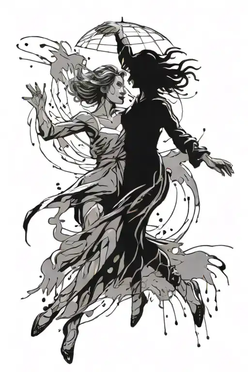 Two Abstract Female Figures Dancing In A Puddle In A Thunderstorm With Lightning And Rain