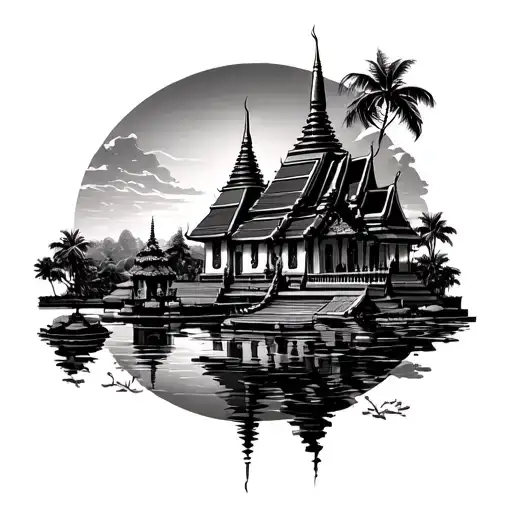 Thai Temple With Guardian River Sunset