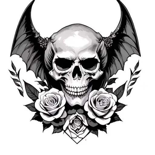 Skull And Roses And Female Gargoyle Warrior