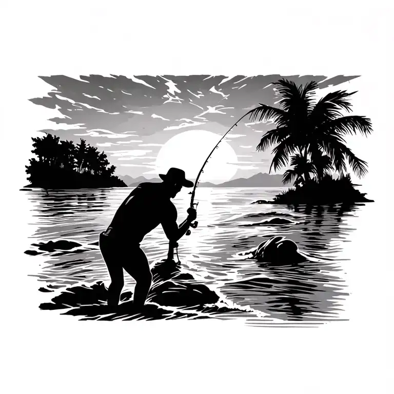 Sunset Beach With A Silhouette Of A Man Fishing In The Distance