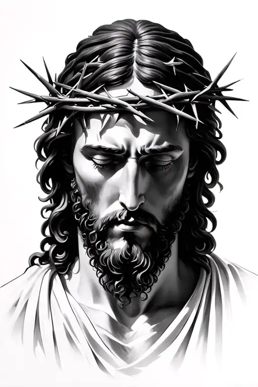 Very Realistic Portrait Of Jesus Christ Looking Down With Crown Of Thorns