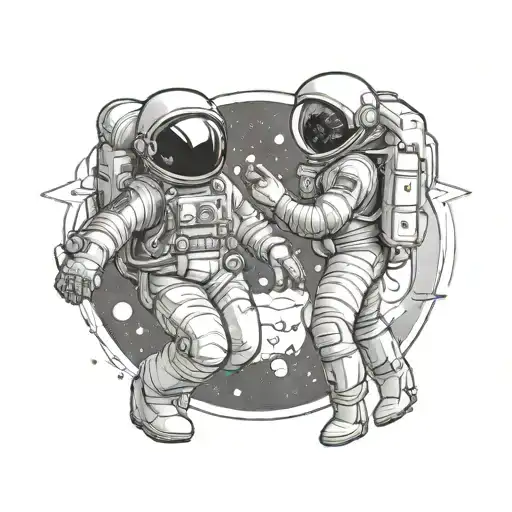 Tattoo Of A Male Astronaut Handing A Female Astronaut Balloons That Symbolize Planets