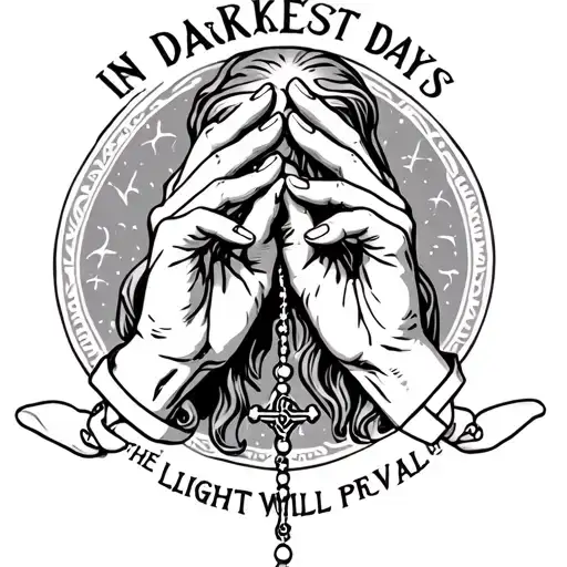 Preying Hands With Rosary As A Tattoo With The Words In The Darkest Days The Light Will Prevail