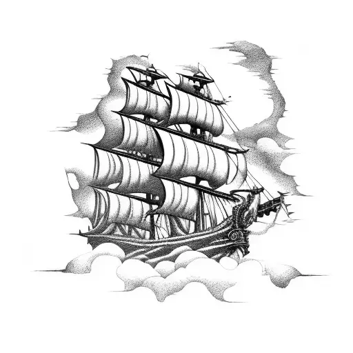 Pirate Ship With Black Sails And Clouds That Look Like Skulls