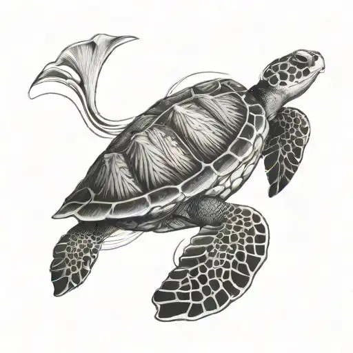 An Intricate Black And Grey Line Work Tattoo Of A Sea Turtle Gliding Through The Ocean Currents