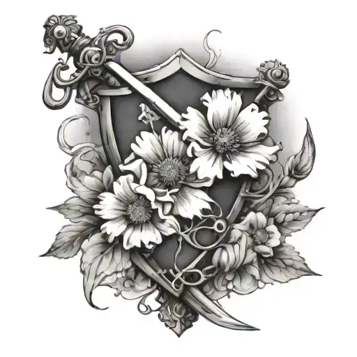 Sword And Sheild With Jasmine Flowers A Poppy Flower And A Daisy Flower
