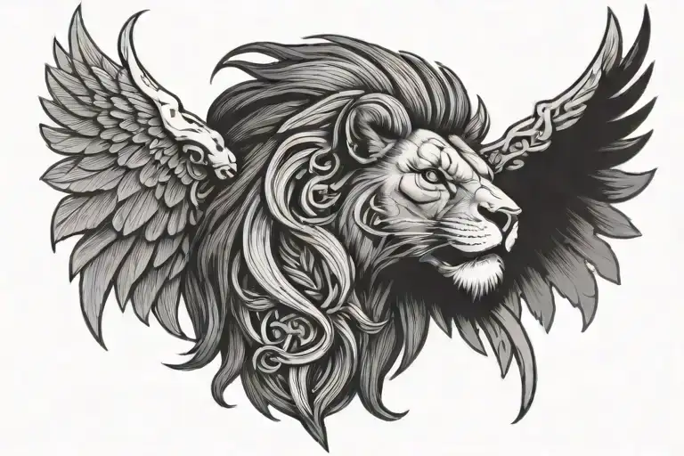 Half Lion Half Eagle Face With A Trident Intertwined