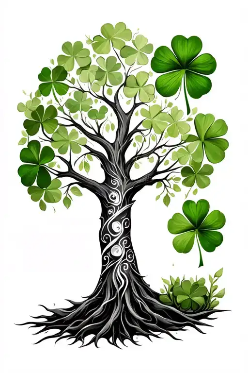 Tree Of Life On Calf With Green Four Leaf Clover Behind