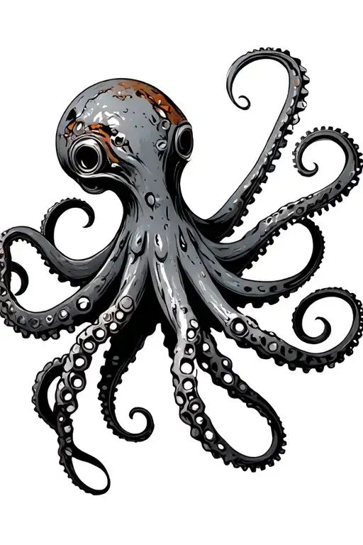 Industrial Style Octopus With Scrap Metal Parts Mechanical Gear Wheels Metallic Rusty Tentacles