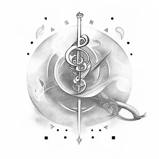 A Tattoo Design Incorporating Musical Notes And Symbols With Fire And Air Elements