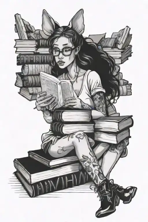 Woman Sitting On A Stack Of Books Reading A Book