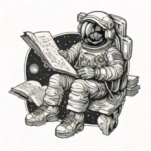 An Astronaut Reading A Book In Outer Space Surrounded By Celestial Bodies