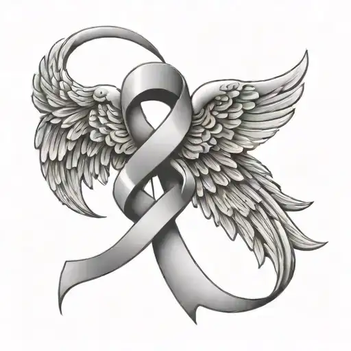 Gray Brain Cancer Ribbon With Angel Wing And Brain