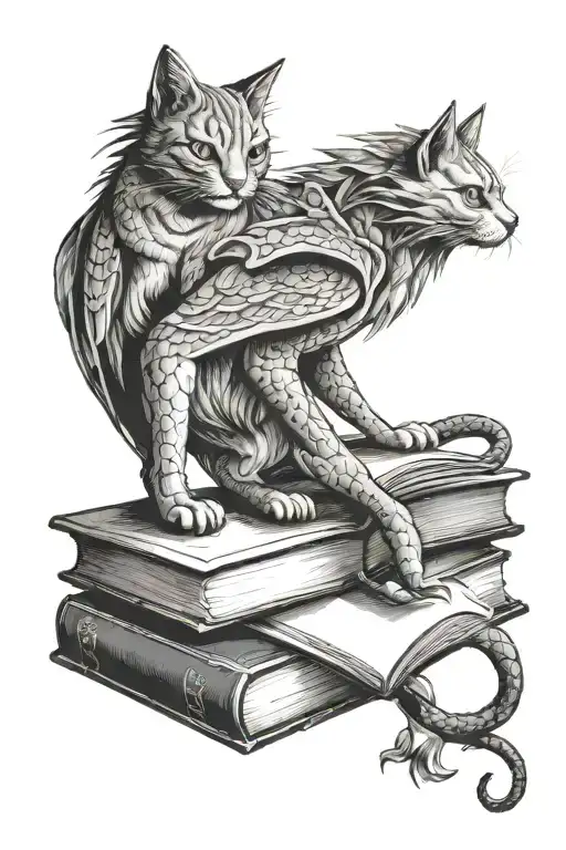 Cats On Books With A Dragon Flying