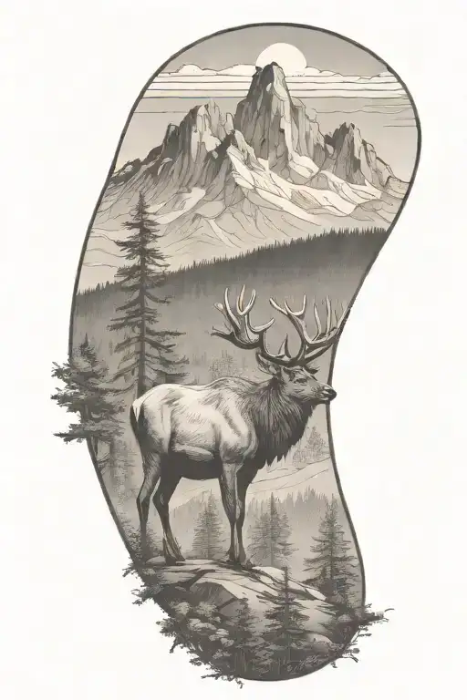 Woods And Mountain Landscape With Elk Standing Near Top Of Shoulder