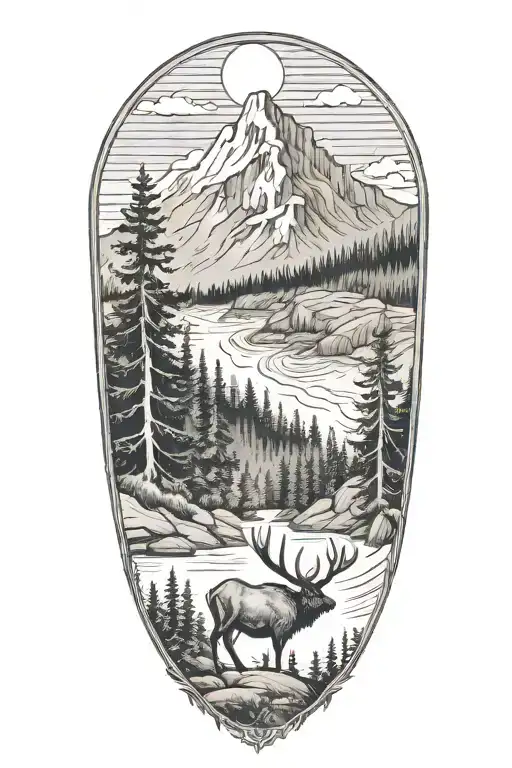 Wooded Mountain Scene With Elk Head In Forefront