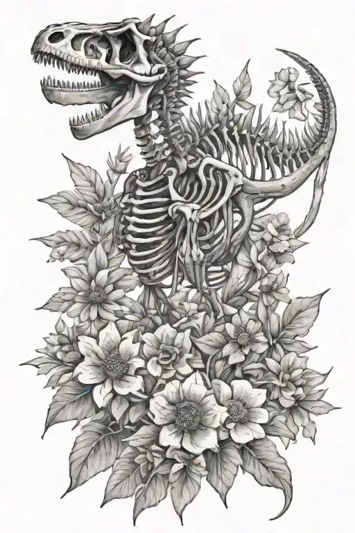 Dinosaur Skeleton And Wildflowers Blooming