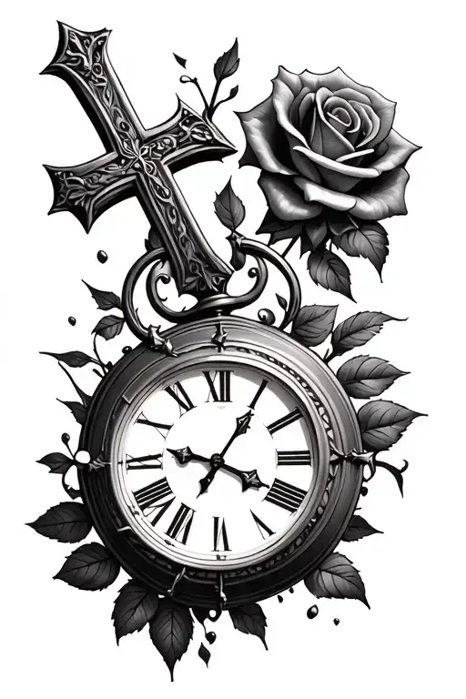Broken Clock With Cross And Rose