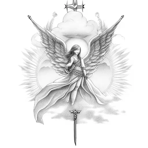 Angel With Wings And Sword And Clouds And Sun