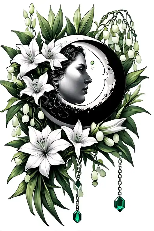 Crescent Moon Surrounded By Gladiolus Flowers With Lily Of The Valley And Emerald Chains