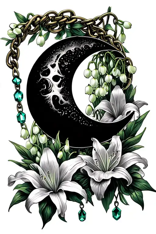 Crescent Moon Surrounded By Gladiolus Flowers With Lily Of The Valley Flowers And Emerald Chains