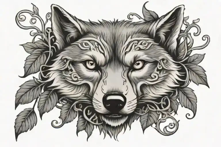 Wolf Head With Vine Background Black Grey