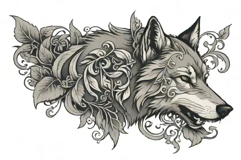 Wolf Head With Vine Background Black Grey