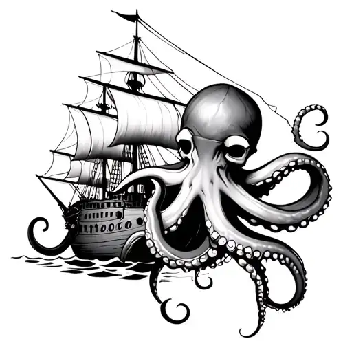 Octopus Wrapped Around Pirate Ship