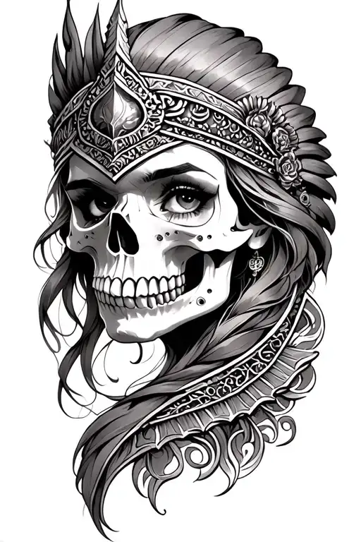 Half Warrior Female Face Half Skull