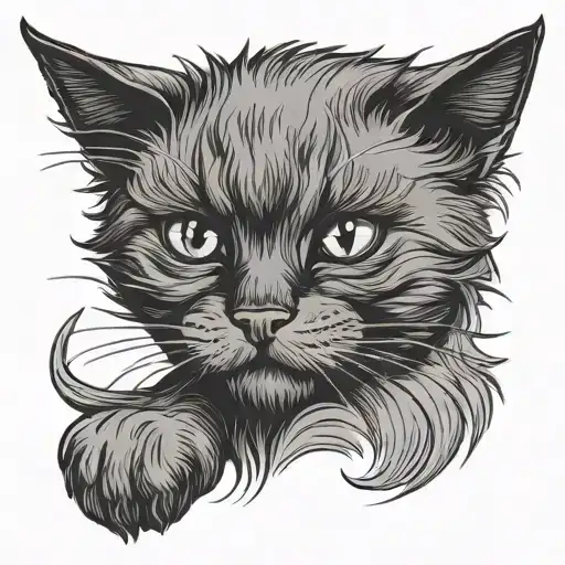 Black Outline Tattoo Of A Fluffy Black Cat
